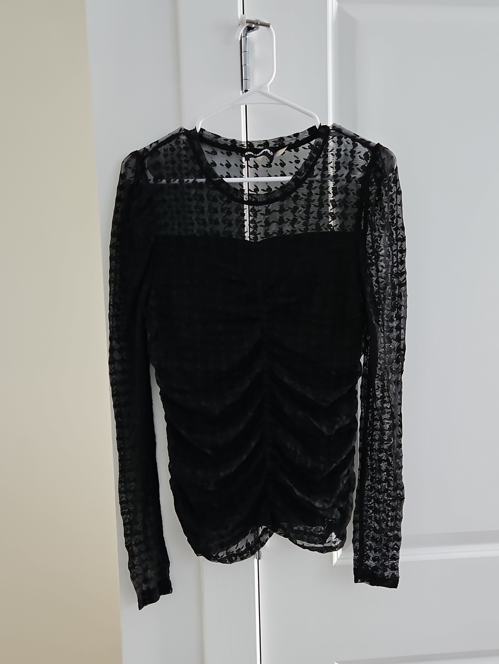 Karl Lagerfeld Black Sheer Ruched Long Sleeve Top